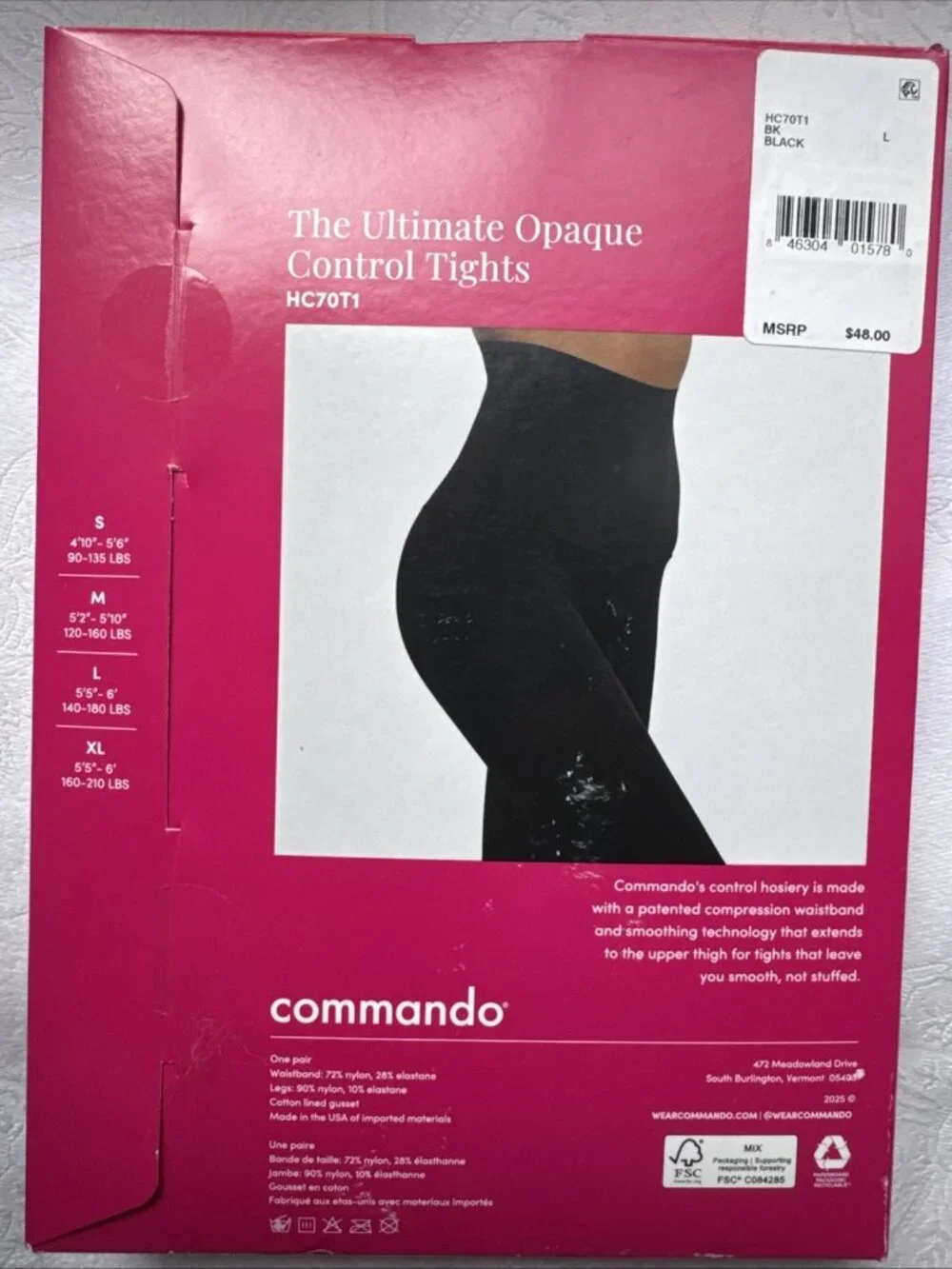 Commando HC70T1 The Ultimate Opaque Control Tights Black Size L Large NEW $48